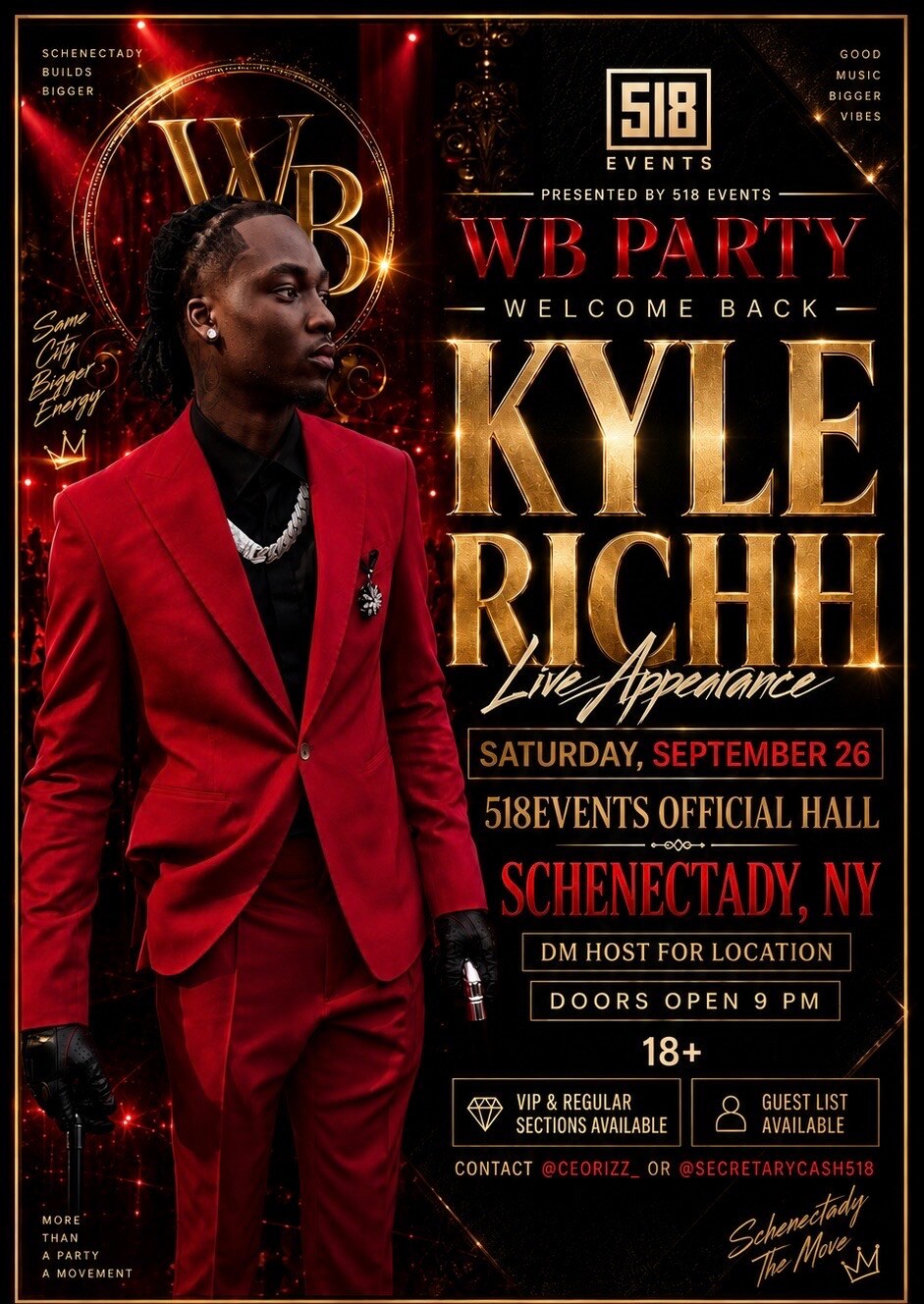 Flyer: WB Party &mdash; Welcome Back, Kyle Richh. Saturday, September 26 at 518Events Official Hall, Schenectady, NY &mdash; doors open 9 PM, 18+. Presented by 518 Events.